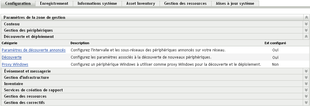 panneau Découverte et déploiement (onglet Configuration;> panneau Paramètres de la zone de gestion)