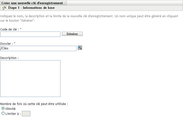 Assistant Créer une nouvelle clé d'enregistrement > page d'informations de base