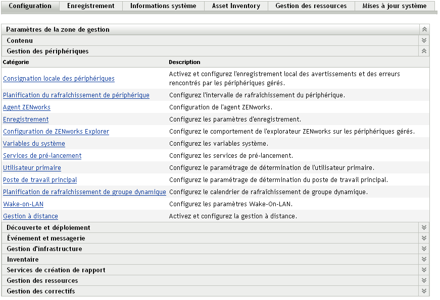 onglet Configuration - paramètres Gestion des périphériques