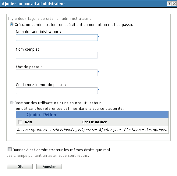Boîte de dialogue Ajouter un nouvel administrateur
