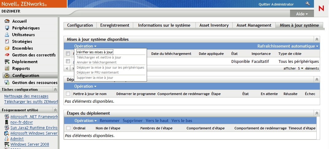 Tableau de bord Mises à jour système disponibles avec les options d'opération affichées