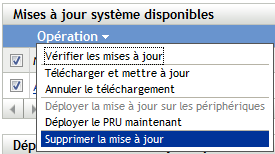 Tableau de bord État de mise à jour système avec des opérations affichées, en particulier l'opération Supprimer la mise à jour