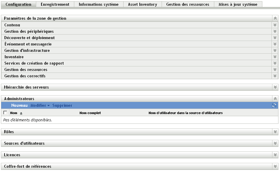 Tableau de bord Administrateurs de l'onglet Configuration dans le Centre de contrôle ZENworks