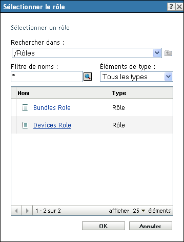 Boîte de dialogue Sélectionner le rôle