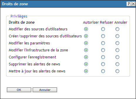 Boîte de dialogue Droits de zone