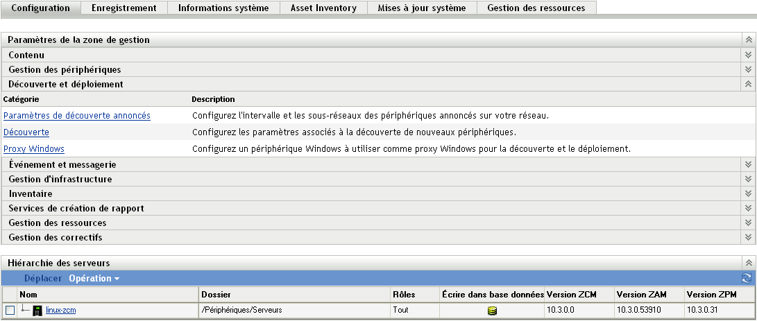 Onglet Configuration > panneau Paramètres de la zone de gestion