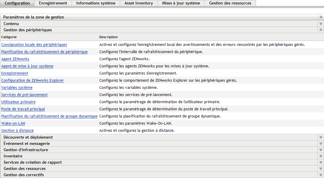 Onglet Configuration > panneau Paramètres de la zone de gestion