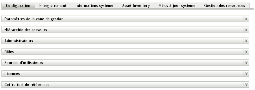 Onglet Configuration avec toutes les sections réduites
