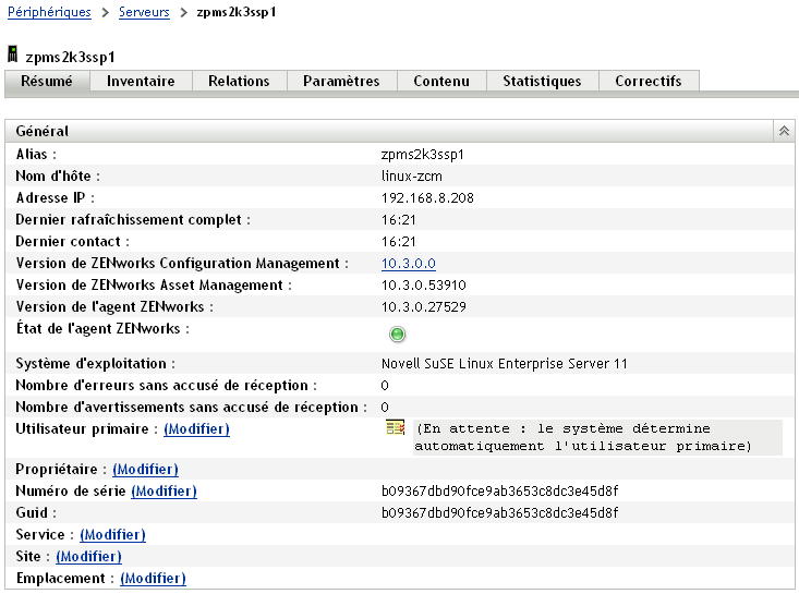 Détails généraux concernant un périphérique géré