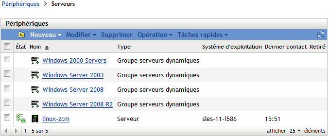 Liste des groupes de serveurs classés par système d'exploitation