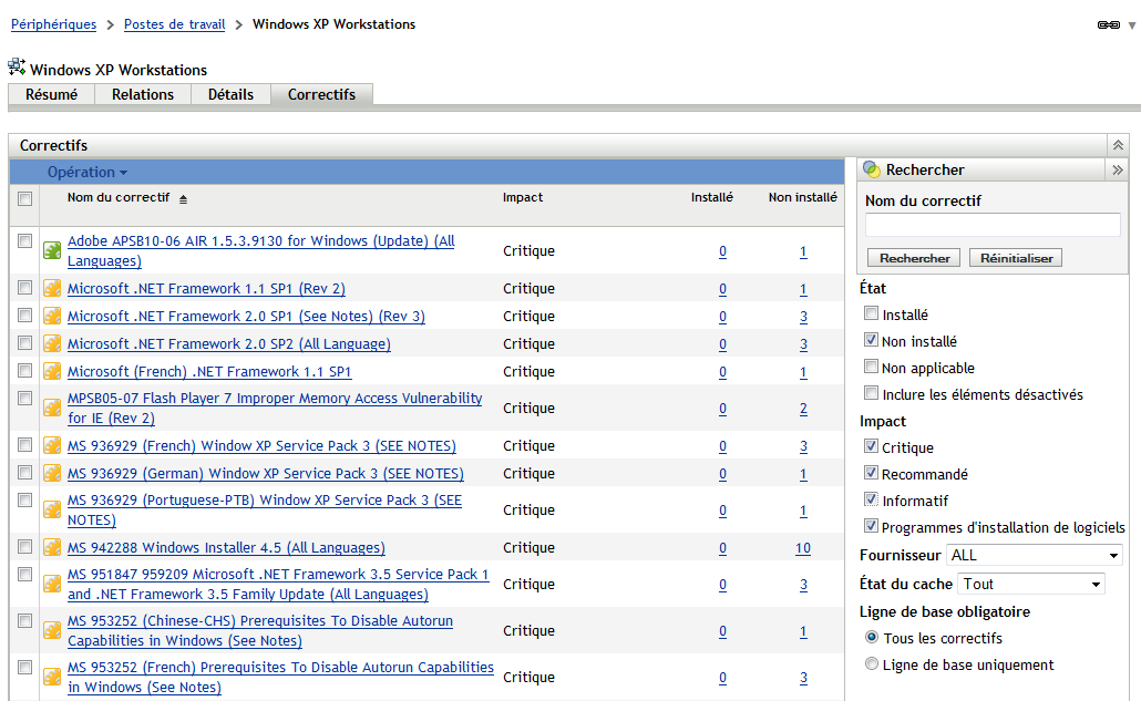 Vulnérabilités applicables aux groupes de postes de travail Windows XP