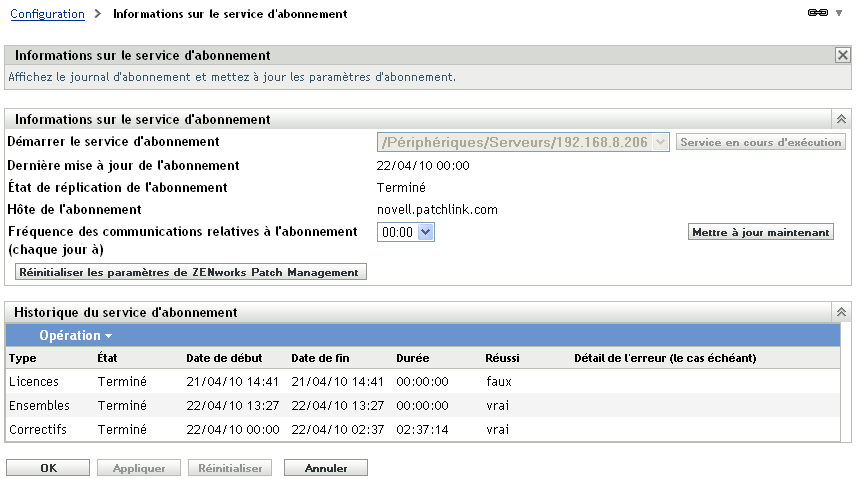 page Informations sur le service d'abonnement
