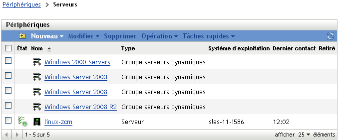 Liste des groupes de serveurs