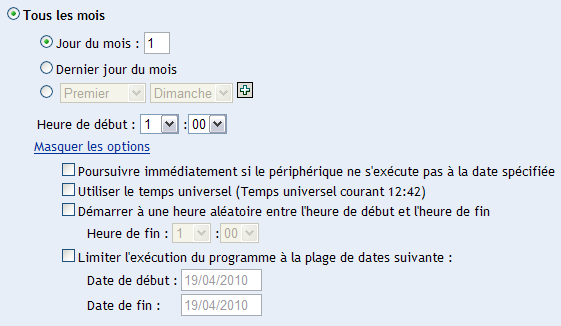 Tableau de bord avec toutes les options de déploiement mensuel