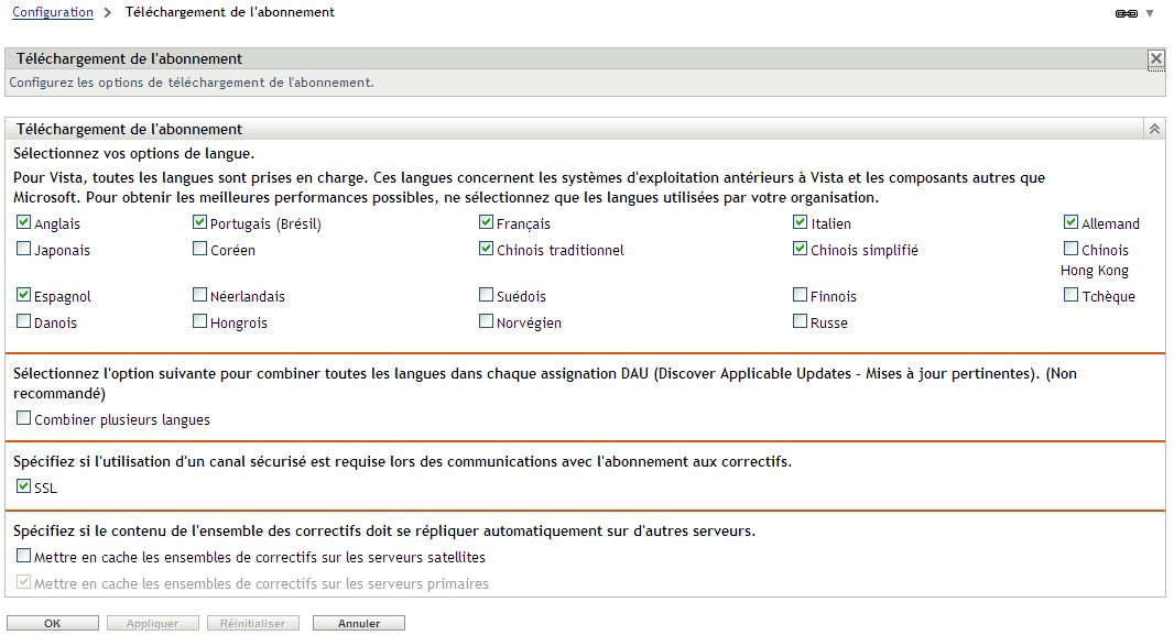 page Options de téléchargement de service(s)