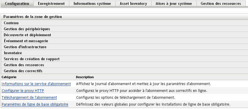 Options de configuration de Patch Management