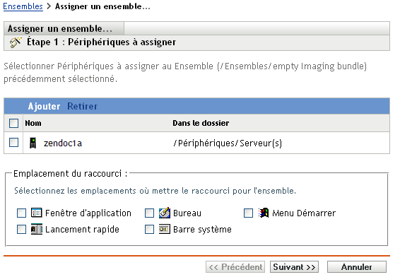 Assistant Assigner un ensemble : page Périphériques à assigner