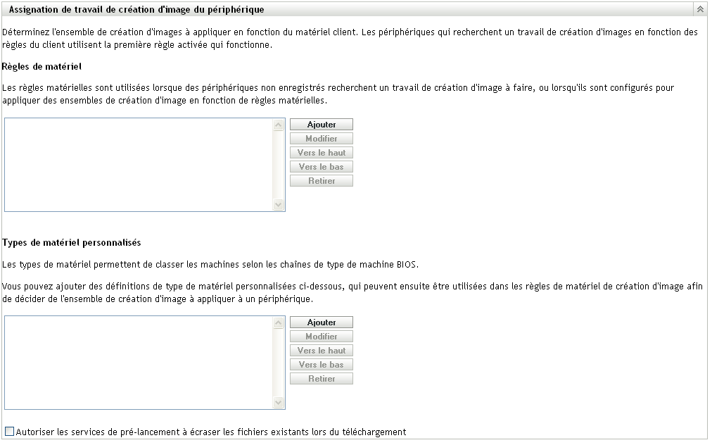 Panneau Assignation de travail de création d'image au périphérique