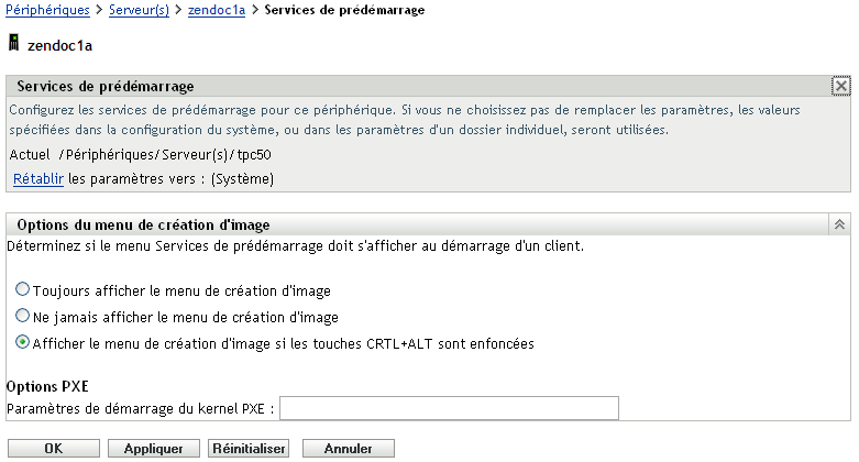 Options du menu de création d'image au niveau des paramètres du périphérique