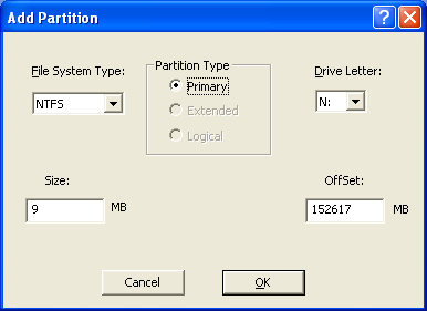 fenêtre Ajouter une partition