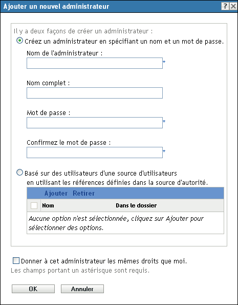 boîte de dialogue Ajouter un nouvel administrateur