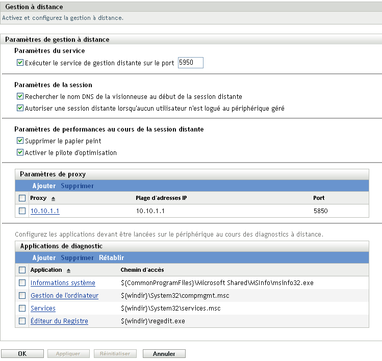 page Configuration de la gestion à distance