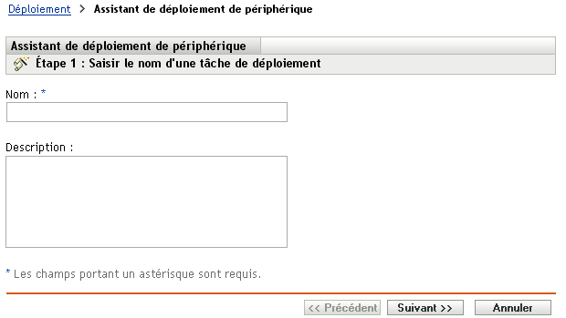 page Saisir un nom de la tâche de déploiement