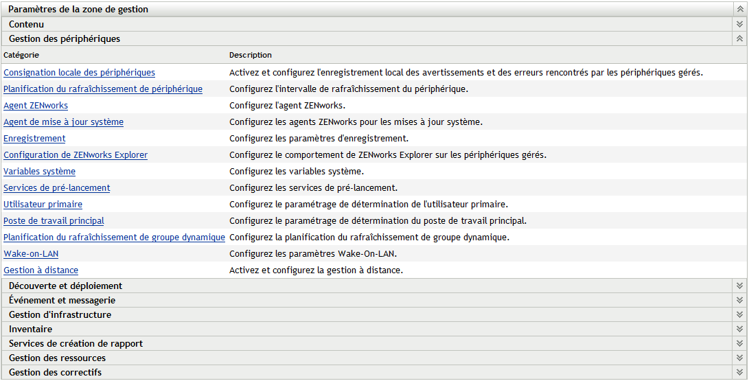 panneau Paramètres de la zone de gestion