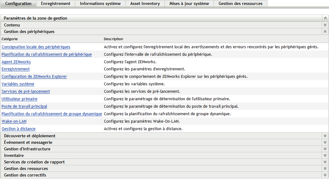 Panneau Paramètres de la zone de gestion (Configuration > onglet Gestion des périphériques)