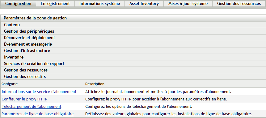 Onglet Configuration, Section Gestion des correctifs