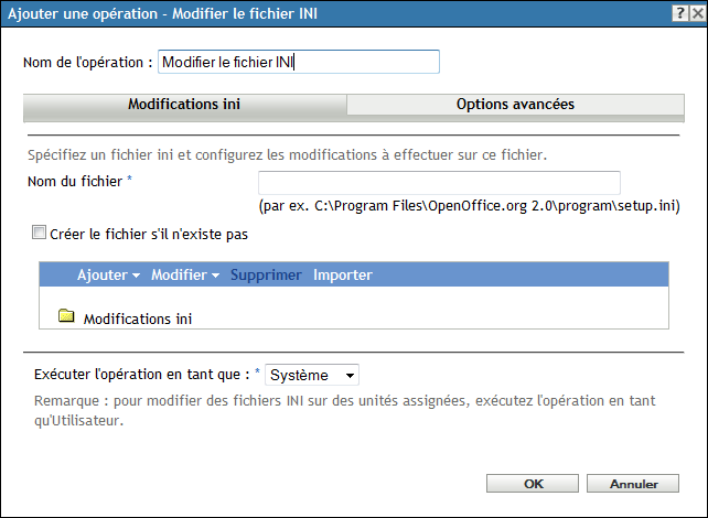 boîte de dialogue Modifier le fichier INI : page Modifications INI