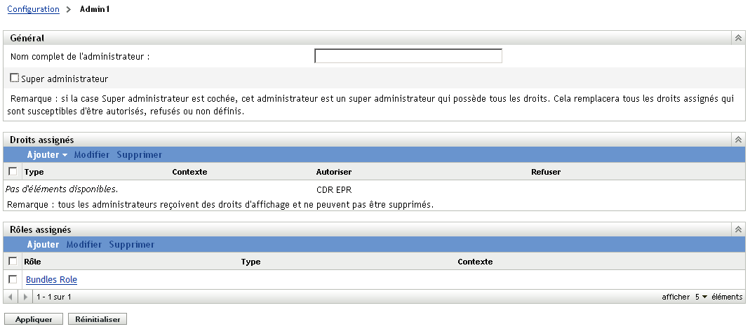 Page Paramètres de l'administrateur