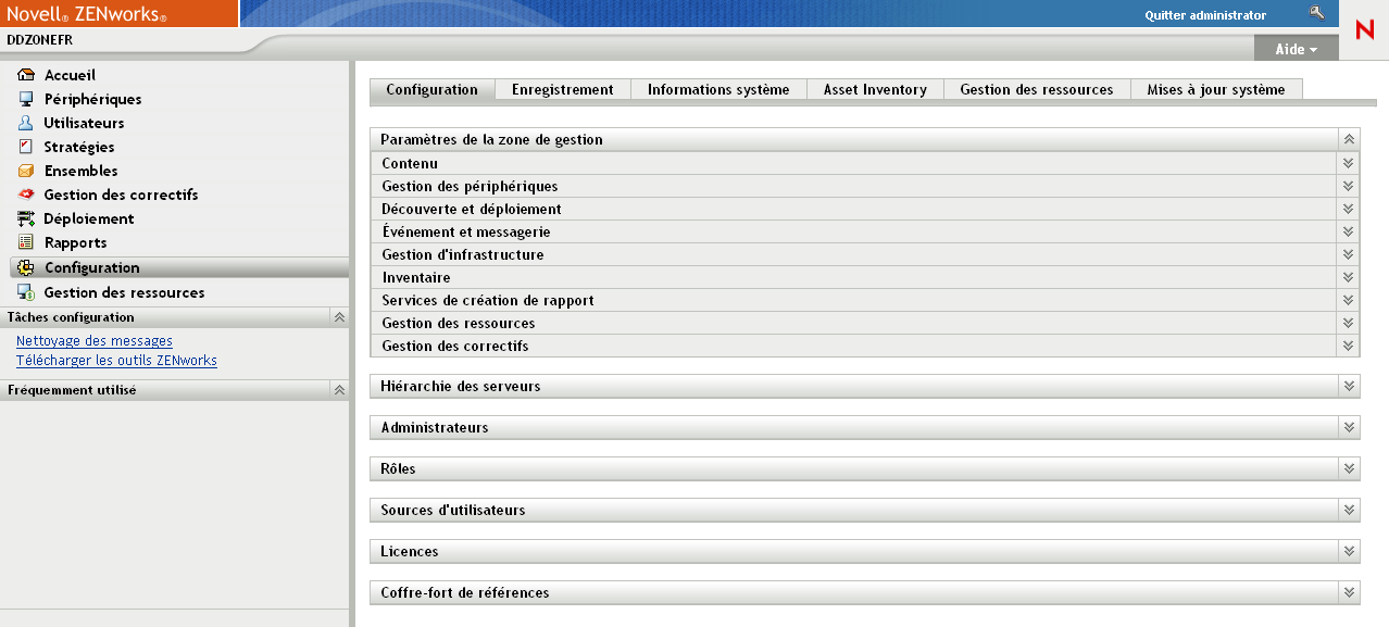 panneau Paramètres de la zone de gestion