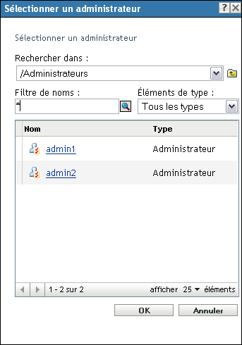 Boîte de dialogue Sélectionner un administrateur