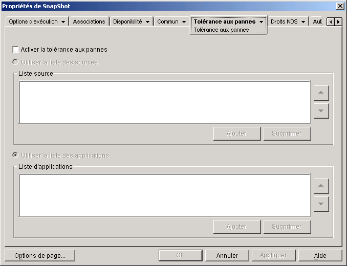 Objet Application > onglet Tolrance aux pannes > page Tolrance aux pannes