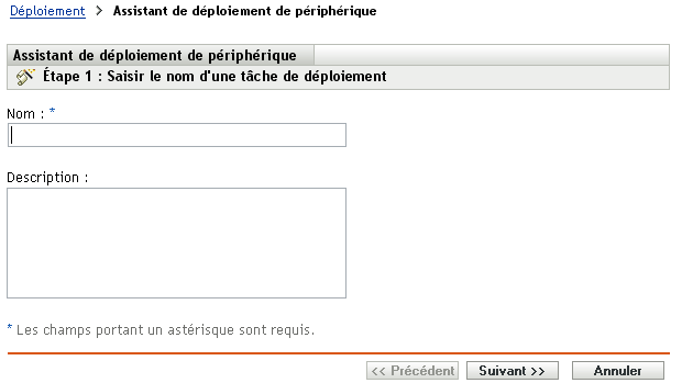 page Saisir un nom de la tâche de déploiement