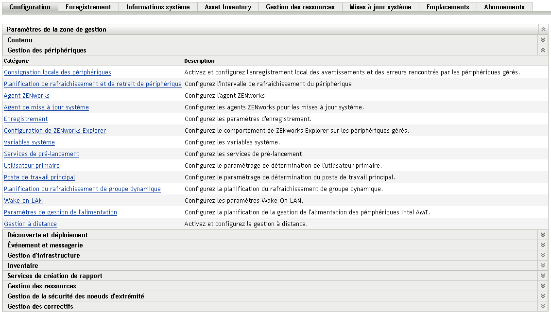 onglet Configuration > panneau Gestion des périphériques