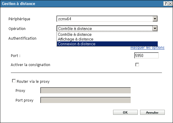 Boîte de dialogue Gestion à distance