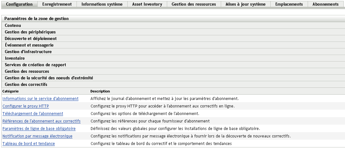 Onglet Configuration, Section Gestion des correctifs