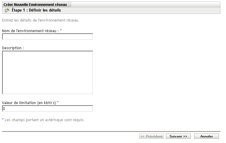 Page Définir les détails de l'assistant de création d'un environnement réseau