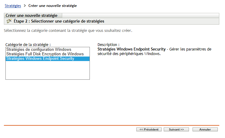 Page Sélectionner la catégorie de stratégies de l'assistant de création de stratégies