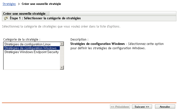 Page Sélectionner la catégorie de stratégies de l'assistant de création de stratégies