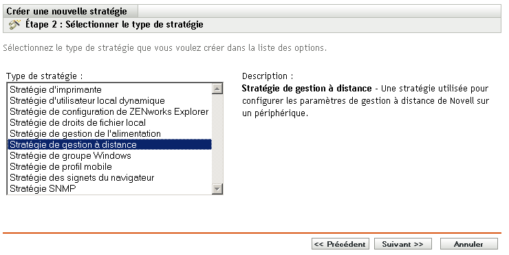 Page Sélectionner le type de stratégie de l'assistant de création de stratégies