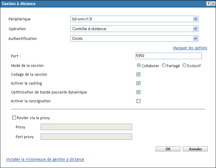 Boîte de dialogue Gestion à distance