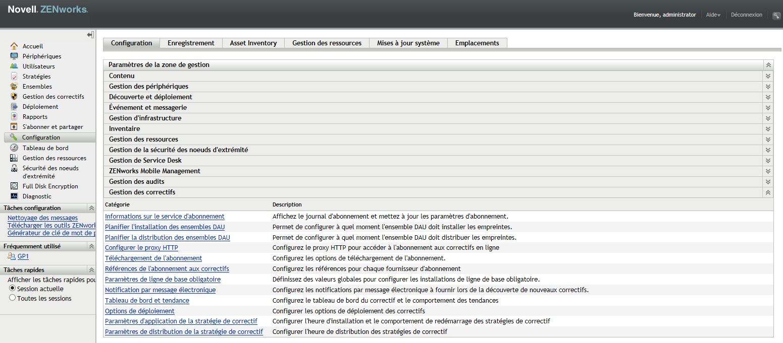 Onglet Configuration, Section Gestion des correctifs