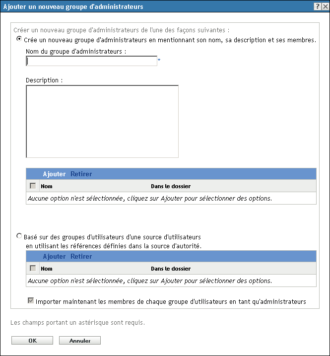 boîte de dialogue Ajouter un nouveau groupe d'administrateurs