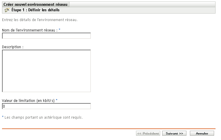 Page Définir les détails de l'assistant de création d'un environnement réseau