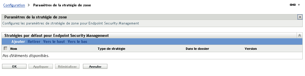 Page Paramètres de la stratégie de zone