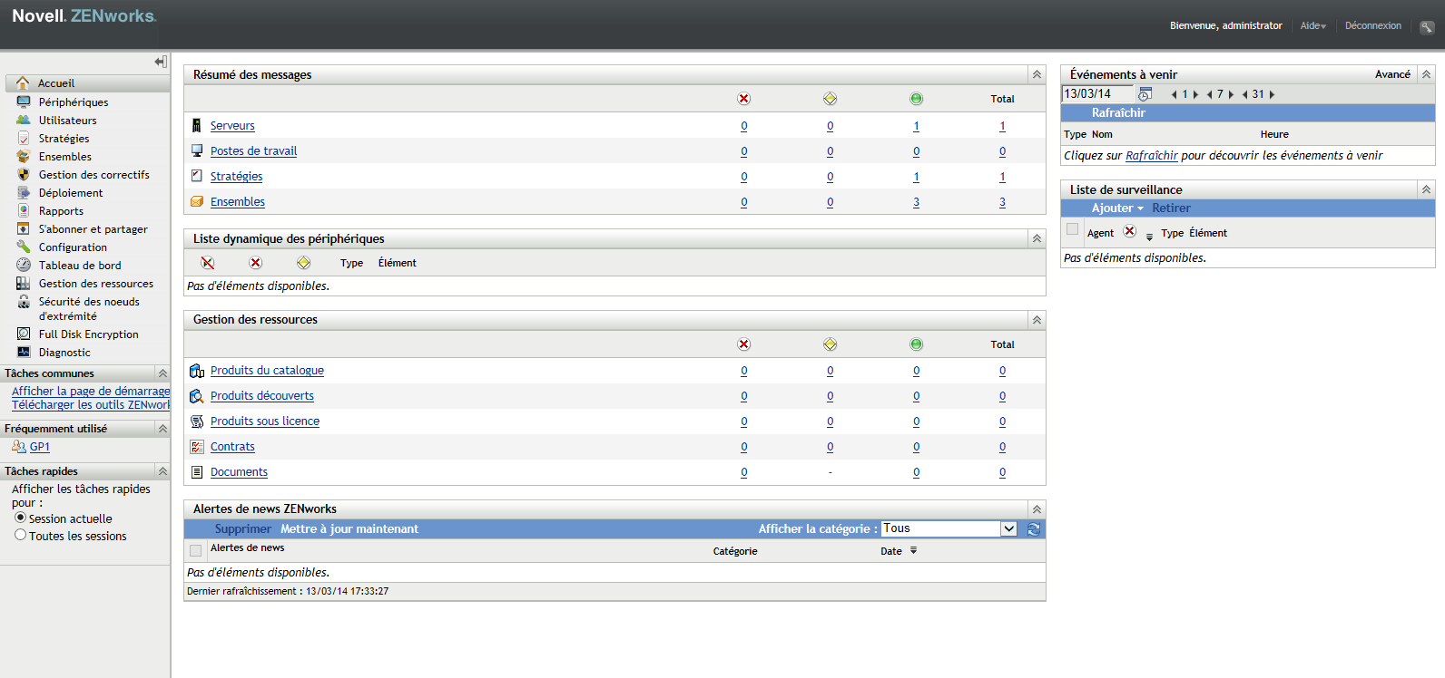 page d'accueil du Centre de contrôle ZENworks