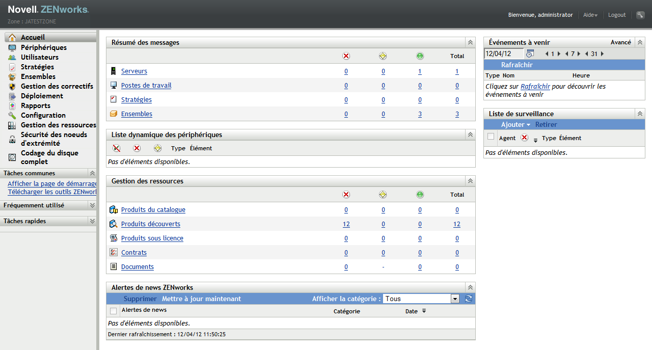 page d'accueil du Centre de contrôle ZENworks